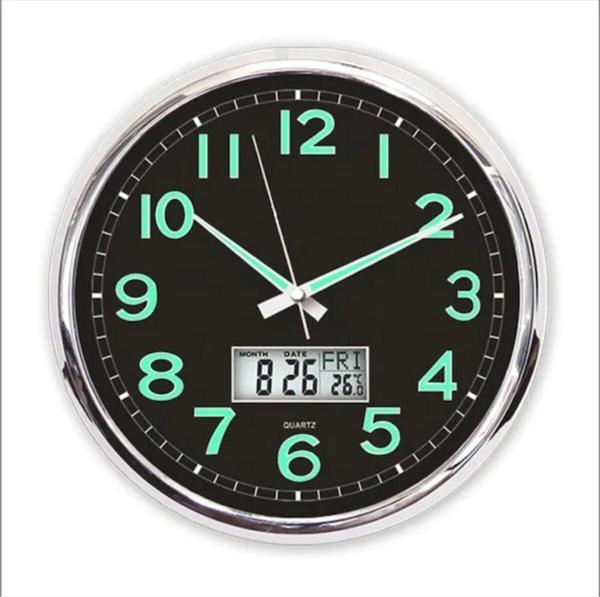 M3Decorium Fosforlu Termometreli Dijitalli Siyah Zeminli 32cm Duvar Saati - Image 1
