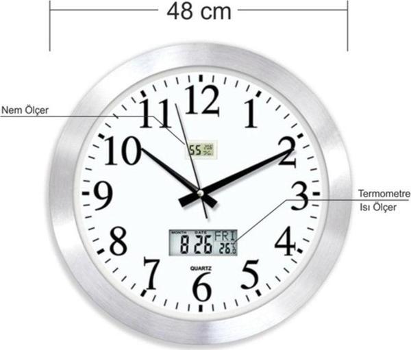 M3Decorium Hassas Dijital 48 Cm Dijital Termometreli Nem Ölçerli Camlı Satine Aluminyum Metal Ofis Duvar Saati - Image 1