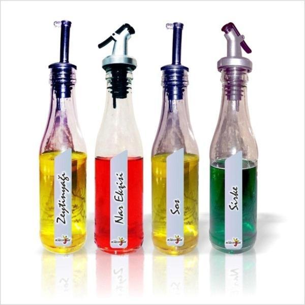 M3Decorium Restaurant Cafe Bar Malzemeleri 4Lü Set Basmalı Kapak Tapalı Cam Şişeli Aparatlı Zeytinyağlık Sosluk - Image 1