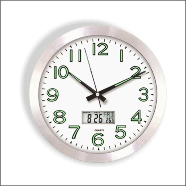 M3Decorium Termometreli Isı Ölçer Dijitalli 30 Cm Büyük Fosforlu Duvar Saati - Image 1