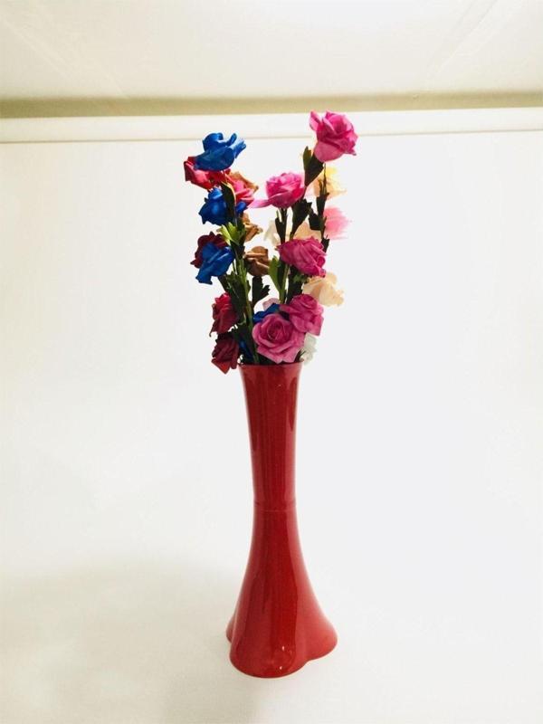 M3Decorium Uzun Saplı 5 Başlı 7 Renk Güllü 40 Cm Kırmızı Düz Vazo - Image 1