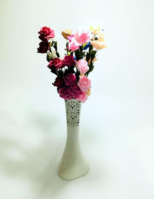 M3Decorium Uzun Saplı 5 Başlı 7 Renk Güllü 40Cm Desenli Krem Vazo - Image 1