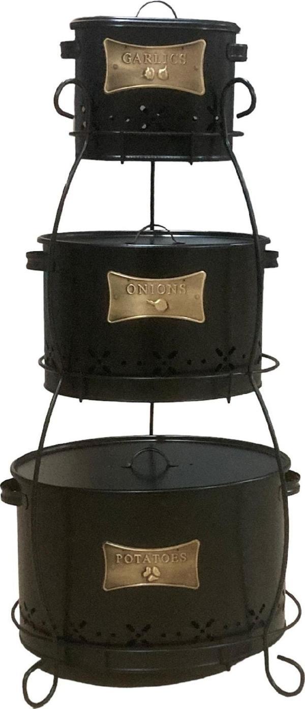 Toptanfoni 3 Katlı Ferforje Lüx Patates, Soğan Ve Sarımsak Saklama Kovası Sepeti Seti Siyah - Image 1