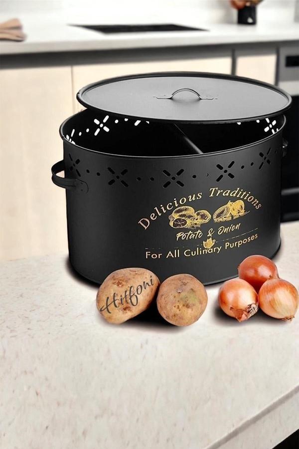 Toptanfoni Büyük Boy Bölmeli Lüx Metal Patates-soğan Kovası Sepeti 18 Lt Siyah - Image 1