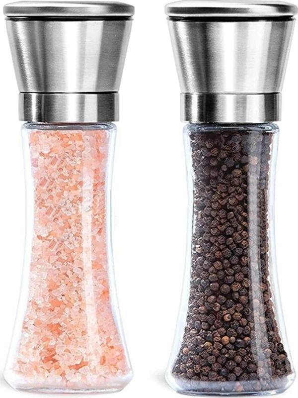Toptanfoni Cam Gövdeli Paslanmaz Çelik Kapaklı Tuz Karabiber Değirmeni Tuz Karabiber Öğütücü 19 Cm 2 Adet - Image 1