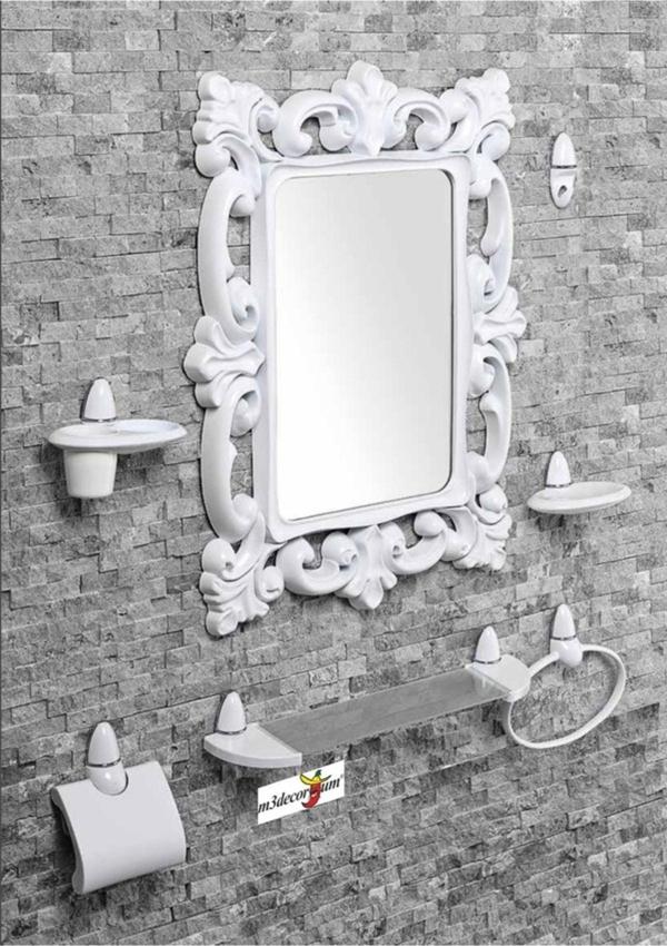 M3Decorium Büyük Dev 77 Cm Aynalı Çok Parçalı 7 Parça Beyaz Banyo Ayna Seti - Image 1