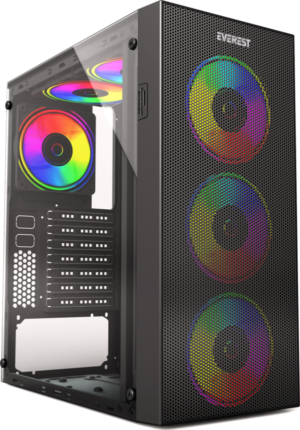 EVEREST FACED-V5, Mesh, 600W, 4x12cm Sabit Rainbow Fan, Temperli Cam Yan Panel, ATX, GAMING KASA - Image 1