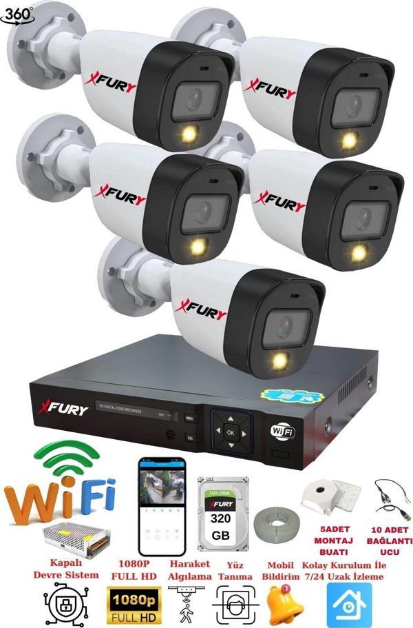 FURY 5 Kameralı Gece Renkli 1080P 2Mp Görüntü Full Hd Ultra Led Gece Renkli Güvenlik Kamerası Seti 320GB - Image 1