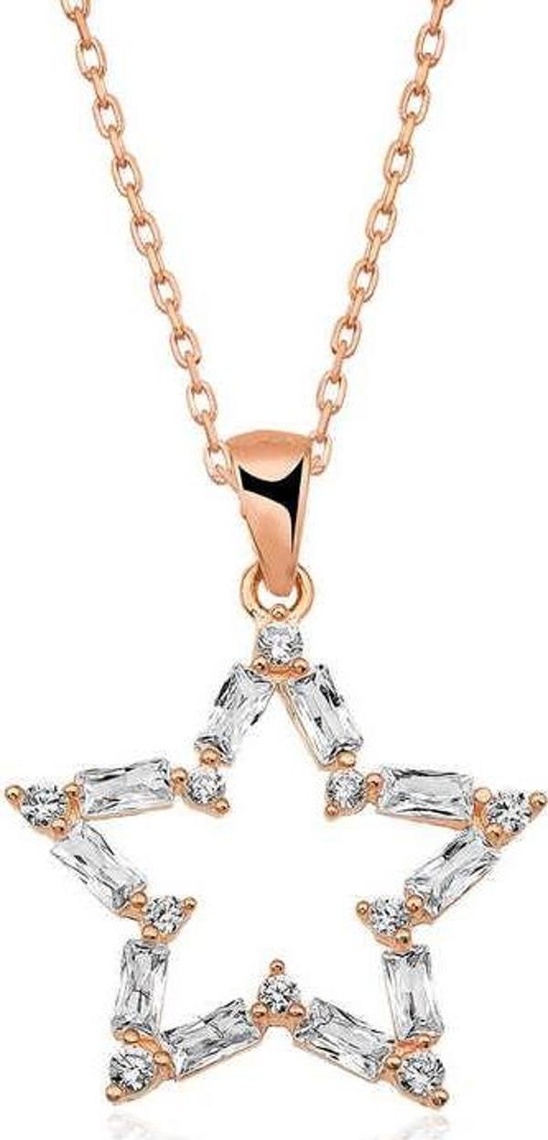 ​925 Ayar Gümüş Rose Baget Taşlı Yıldız Kolye - Image 1