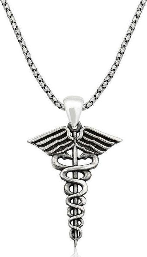 ​925 Ayar Gümüş Tıp Sembolü Kadüse Erkek Kolye - Image 1