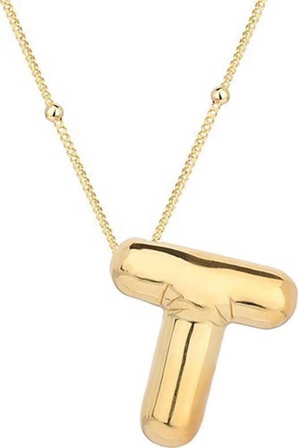 925 Ayar Gümüş Gold Balon T Harfi Kadın Kolye - Image 1