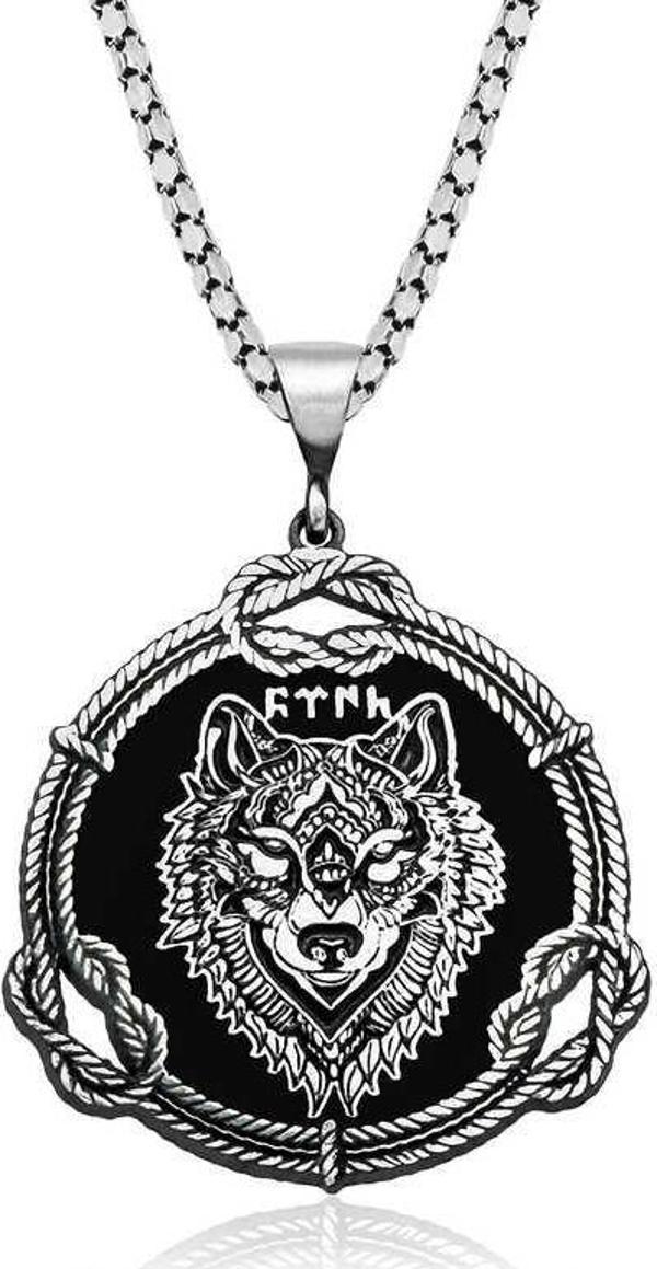 925 Ayar Gümüş Kurt Motifli Göktürkçe Türk Yazılı Gümüş Kolye - Image 1