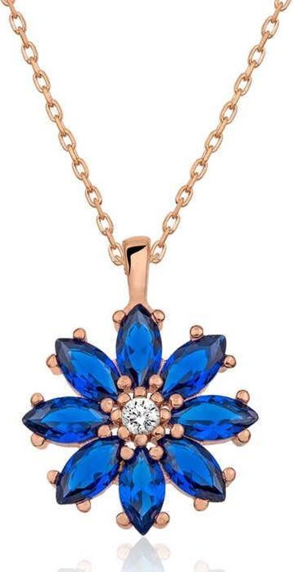 925 Ayar Gümüş Lacivert Çiçek Kadın Gümüş Kolye - Image 1