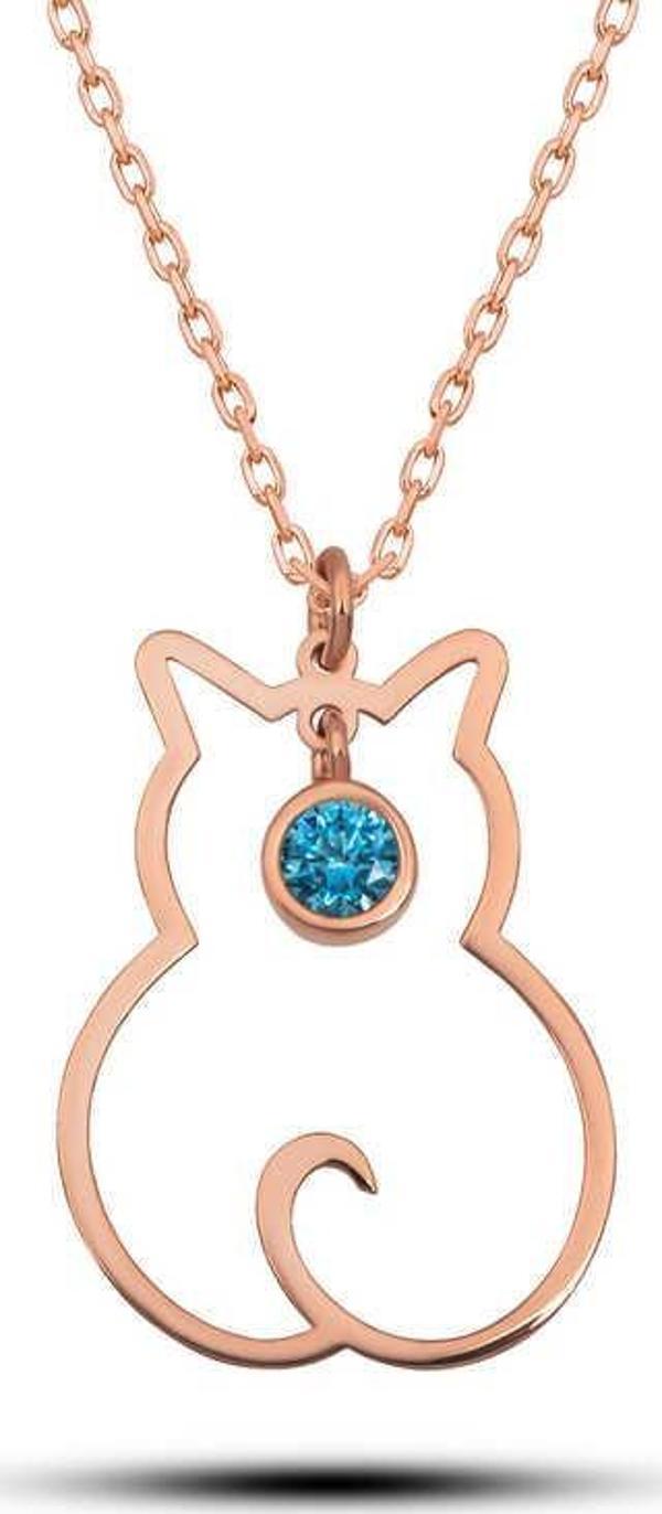 925 Ayar Gümüş Mart Ayı Doğum Taşı Kedi Kadın Kolye - Image 1