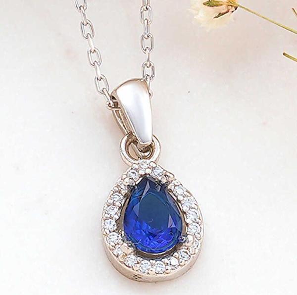 925 Ayar Gümüş Mavi Damla Zirkon Taşlı Kadın Kolye - Image 1