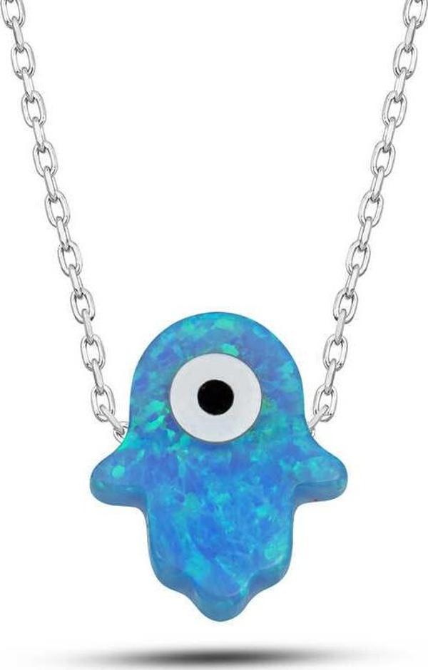 925 Ayar Gümüş Mavi Nazarlı Opal Fatma Ana Eli Kadın Kolye - Image 1