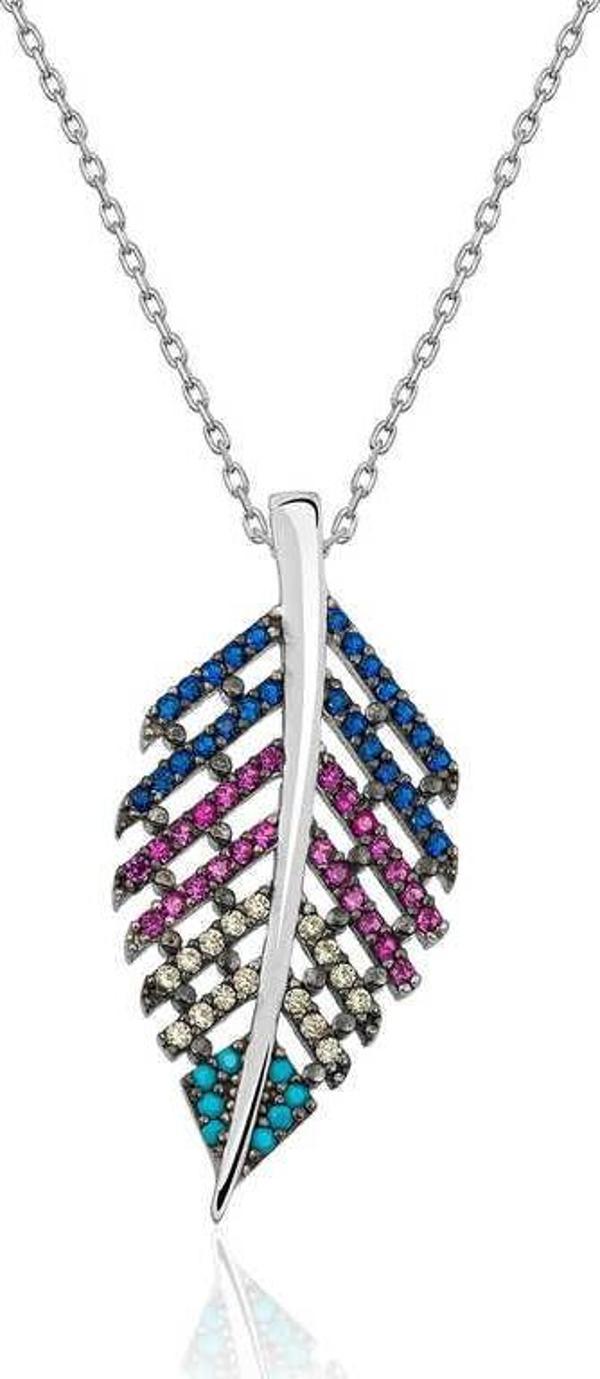 925 Ayar Gümüş Mix Taşlı Yaprak Kadın Gümüş Kolye - Image 1