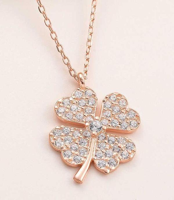 925 Ayar Gümüş Rose Dört Yapraklı Yonca Kadın Kolye - Image 1