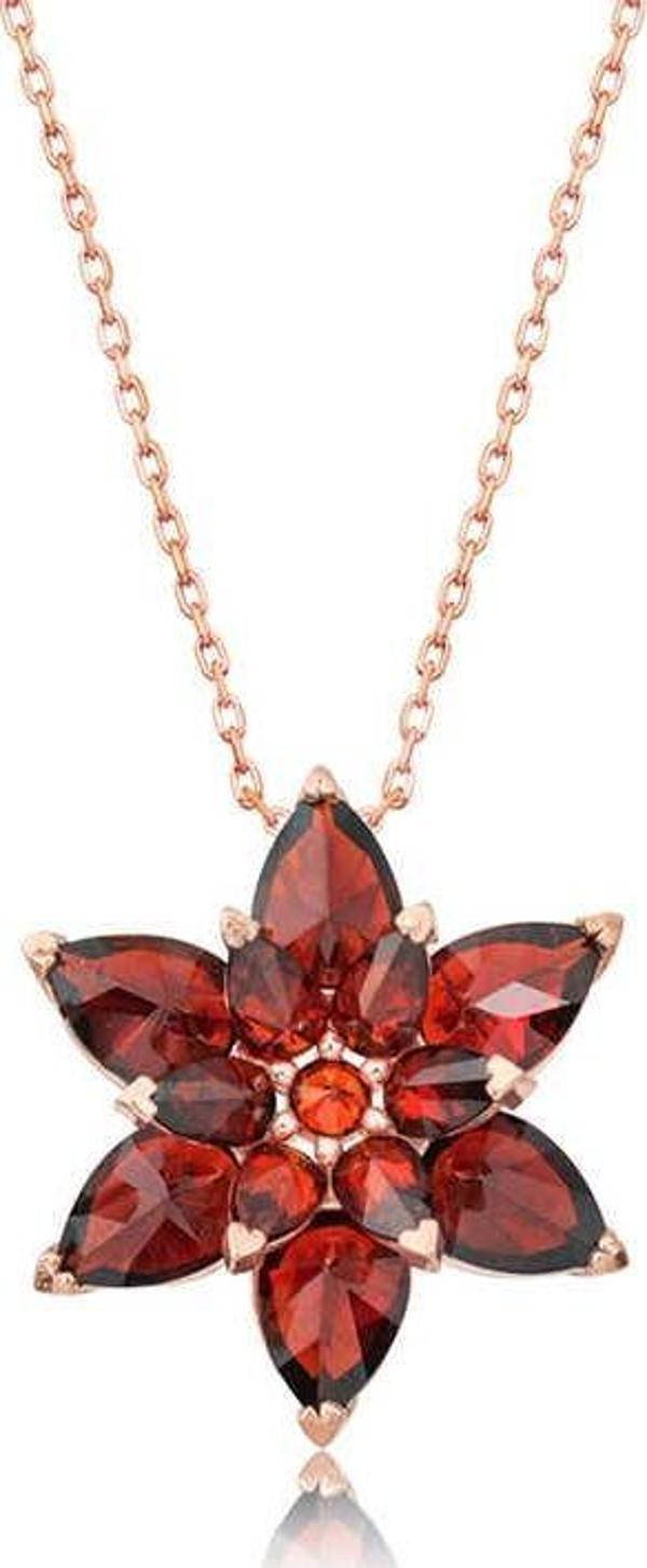 925 Ayar Gümüş Rose Kırmızı Lotus Çiçeği Kolye - Image 1