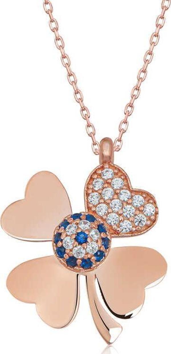 925 Ayar Gümüş Rose Nazarlı Dört Yapraklı Yonca Kadın Gümüş Kolye - Image 1