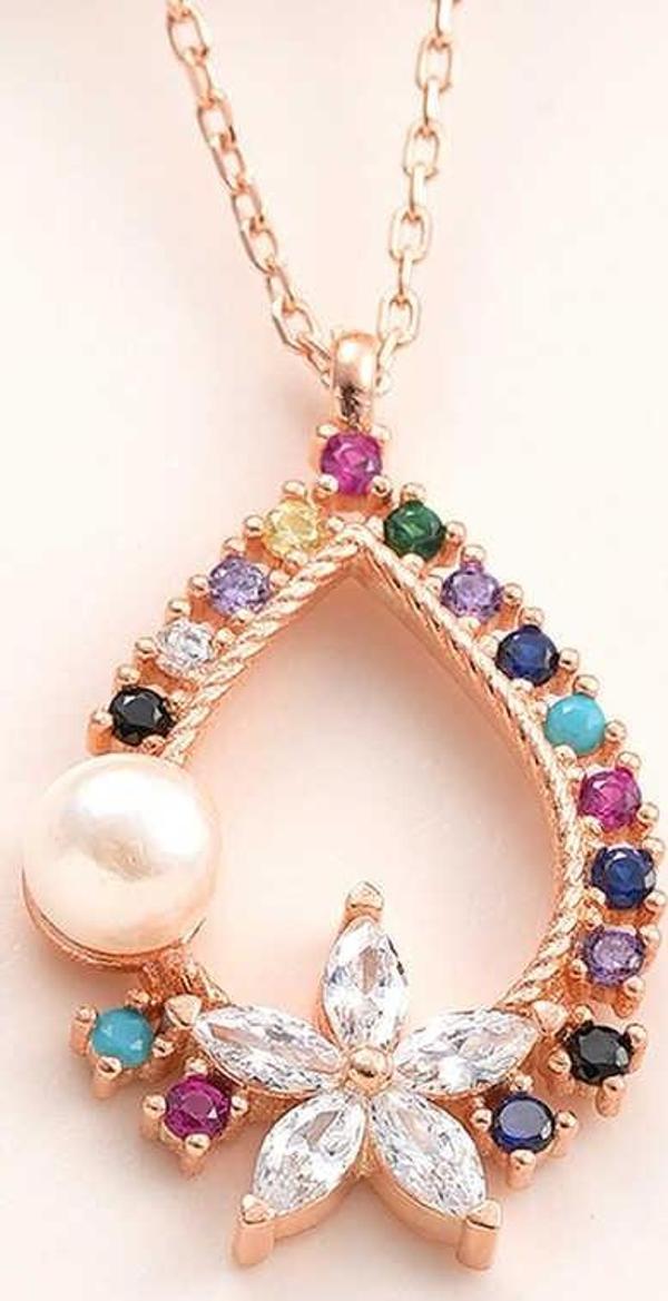 925 Ayar Gümüş Rose Renkli Taşlı Çiçekli Kadın Kolye - Image 1