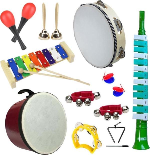Midex Örf Aletleri Seti Median Paket-2 Maracas Zil Kastanyet Üçgen Ritim Ksilofon Davul Tef (11 Parça) - Image 1