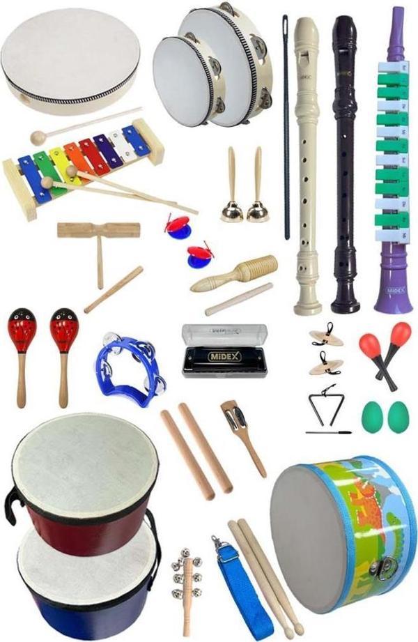 Midex Örf Aletleri Seti Overmuch Paket-1 Marakas Zil Üçgen Ksilofon Melodika Mızıka Davul Flüt (26 Parça) - Image 1