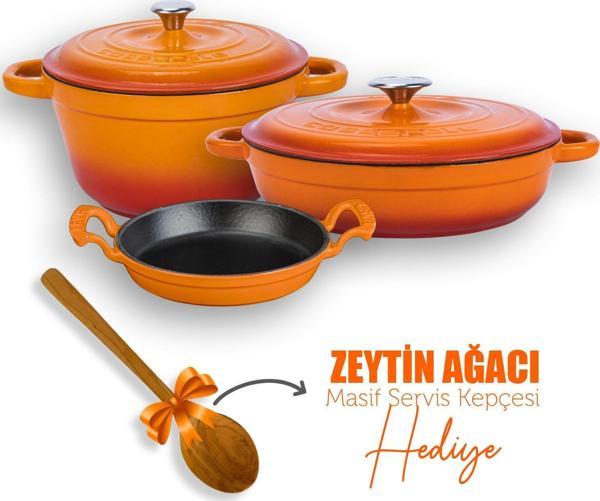 Lava 3X New Heritage Turuncu Demir Döküm Tava Tencere Seti - Image 1