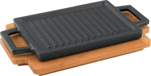 Lava Döküm Dikdörtgen Çift Yön Izgara ve Düz Yüzey Hot Plate Kayın Servis Ahşabı Ölçü 22x15cm. - Image 1
