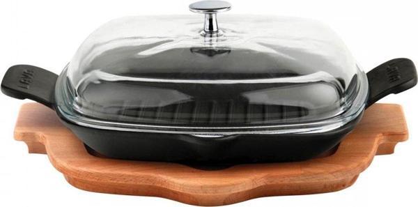 Lava Döküm Izgara Tavası Cam Kapaklı Kayın Servis Ahşabı Döküm Demir Yekpare Çift Kulplu Ölçü 26x26cm. - Image 1