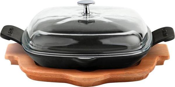 Lava Döküm Kızartma Tavası Cam Kapak Kayın Servis Ahşabı Döküm Demir Yekpare Çift Kulplu Ölçü 26x26cm. - Image 1