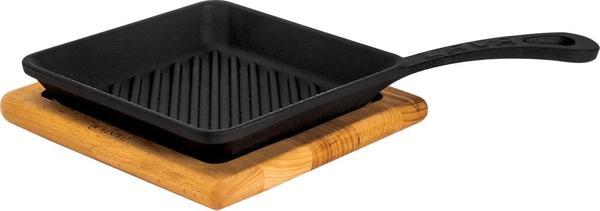 Lava Döküm Mini Kare Izgara Tava Kayın Ahşap Altlıklı Döküm Demir Yekpare Saplı Ölçü 16x16cm. - Image 1
