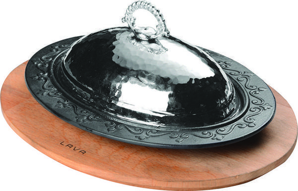 Lava Döküm Oval Döner, Kebap Tabağı Kayın Servis Ahşabı ve Bakır Dövme Formlu Kapak Ölçü 28x20cm. - Image 1