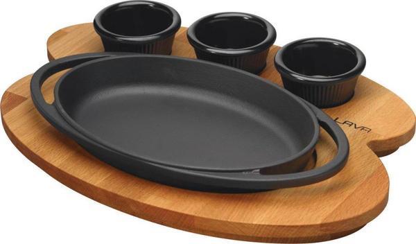 Lava Döküm Oval Sahan Döküm Demir Yekpare Çift Kulplu Kayın Servis Ahşabı Ölçü 21x14cm. (Sos Kapları Dahil Değildir.) - Image 1