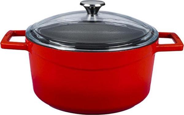 Lava Glaze Kırmızı Yuvarlak Cam Kapaklı 20 cm Döküm Tencere - Image 1