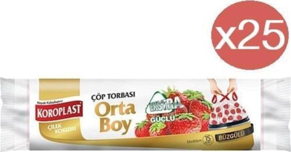 Koroplast Çilek Büzgülü Orta Boy Çöp Torbası 15'li X 25 Paket - Image 1