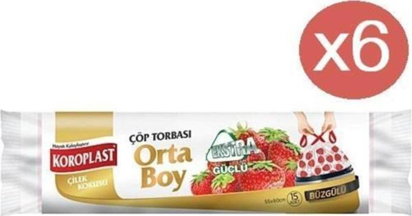 Koroplast Çilek Büzgülü Orta Boy Çöp Torbası 15'li X 6 Paket - Image 1