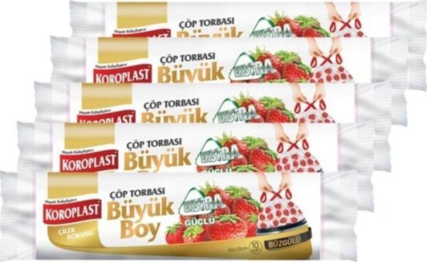 Koroplast Ekstra Güçlü Çilek Büzgülü Büyük Boy 10lu Çöp Torbası x 5 Paket - Image 1