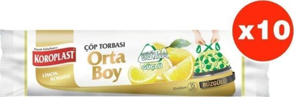 Koroplast Ekstra Güçlü Limon Büzgülü Orta Boy 15li Çöp Torbası X 10 Paket (55*60 Cm) - Image 1