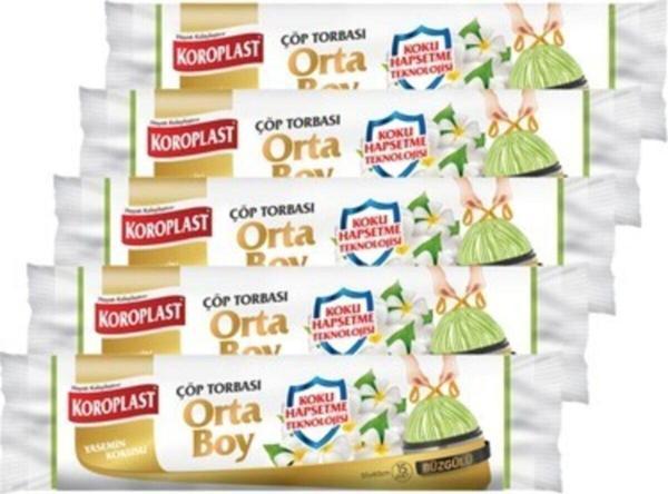 Koroplast Koku Hapsetme Yasemin Büzgülü Orta Boy 15li Çöp Torbası X 5 Paket (55*60 Cm) - Image 1