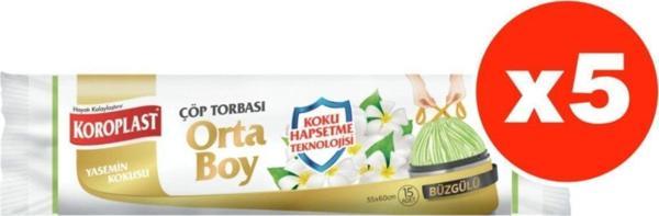 Koroplast Koku Hapsetme Yasemin Büzgülü Orta Boy 15li Çöp Torbası X 5 Paket (55*60 Cm) - Image 1