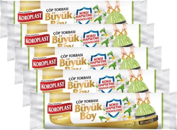 Koroplast Koku Hapsetmeli Büyük Boy Yasemin Kokulu Büzgülü Çöp Torbası 10 Lu X5 Adet - Image 1