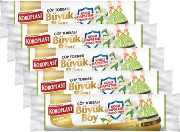 Koroplast Koku Hapsetmeli Büyük Boy Yasemin Kokulu Büzgülü Çöp Torbası 65x70cm - 10'lu X 5 Adet Avantajlı - Image 1