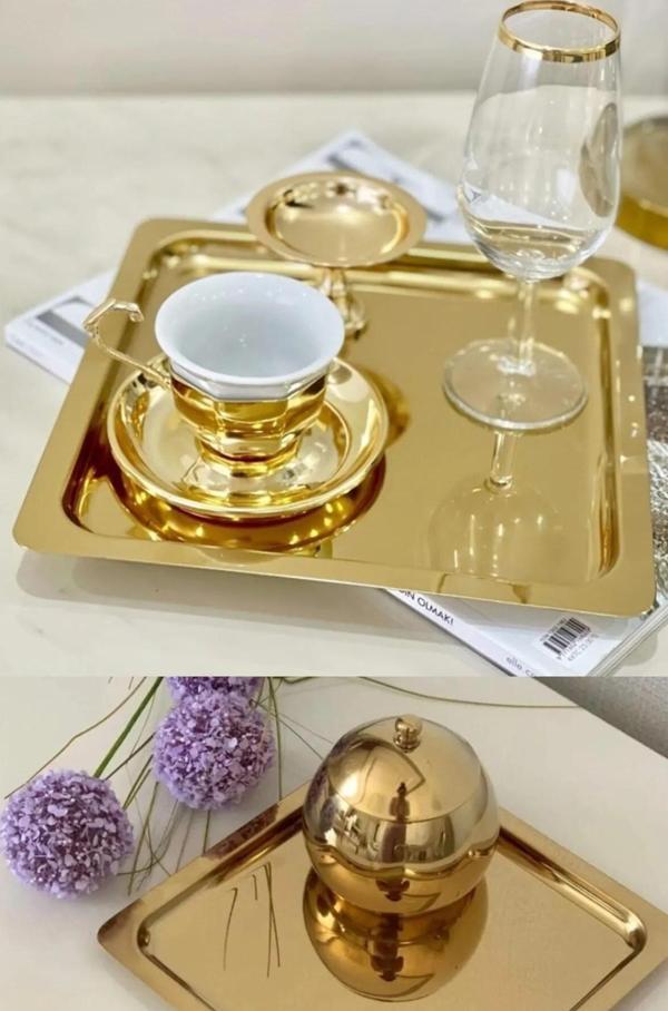 Toptanfoni Paslanmaz Çelik Gold Renk Sunum Tepsisi Çay Kahve Pasta Tatlı Servis Sunum Tepsisi 2 Adet - Image 1