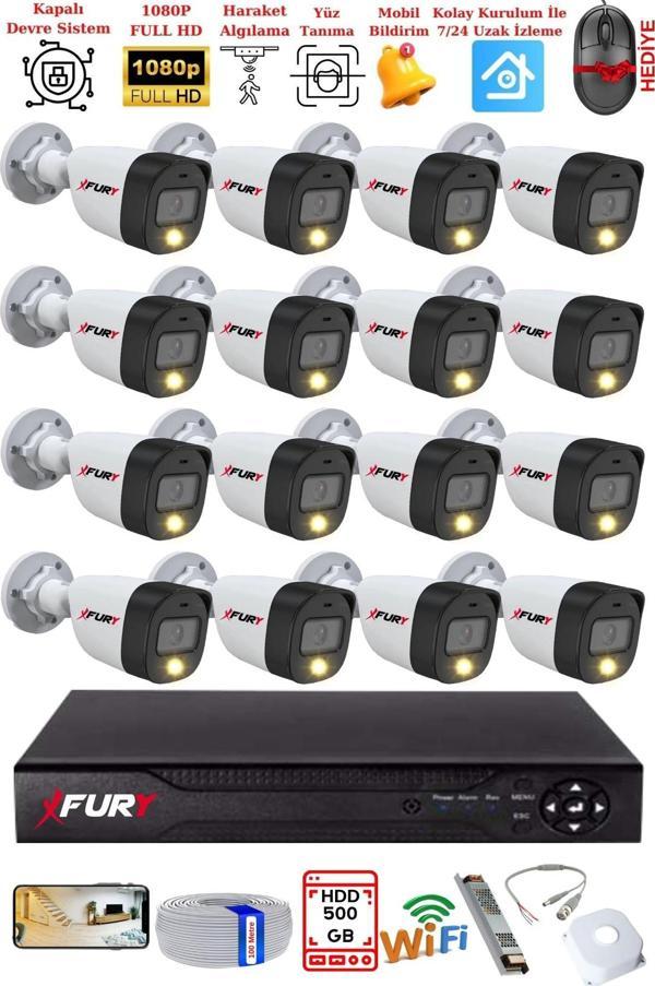 FURY 16 Kameralı 5Mp Lens 2 Mp Görüntü Gece Renkli Full Hd Ultra Led Akıllı Güvenlik Kamerası Seti 500GB - Image 1
