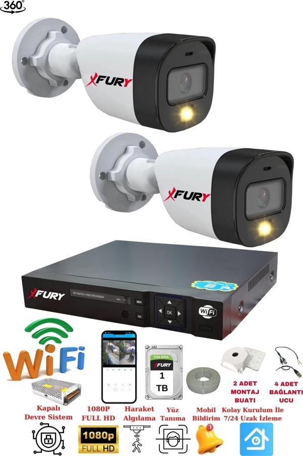 FURY 2 Kameralı 1080P 2Mp Görüntü Gece Renkli Full Hd Ultra Led Gece Renkli Güvenlik Kamerası Seti 1 TB - Image 1