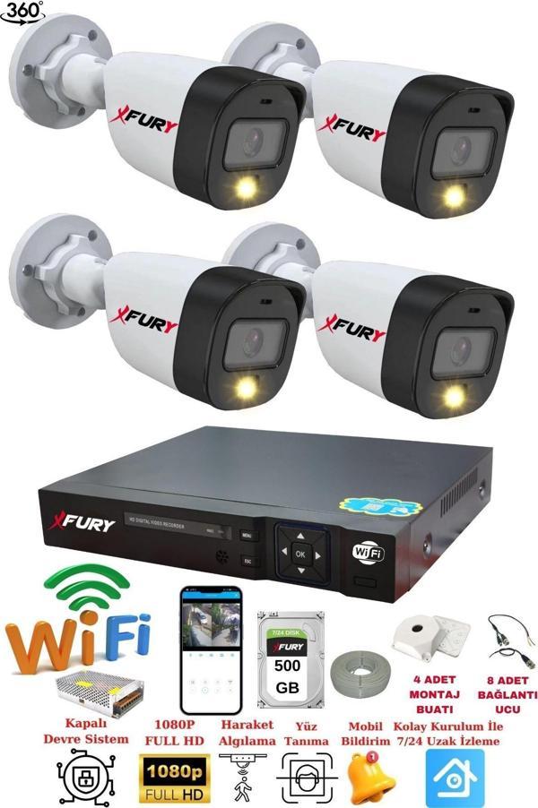 FURY 4 Kameralı 1080P 2Mp Görüntü Gece Renkli Full Hd Ultra Led Gece Renkli Güvenlik Kamerası Seti 500GB - Image 1