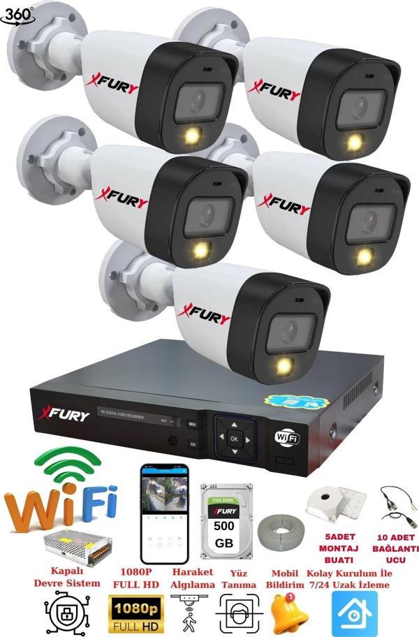 FURY 5 Kameralı 1080P 2Mp Görüntü Gece Renkli Full Hd Ultra Led Gece Renkli Güvenlik Kamerası Seti 500GB - Image 1