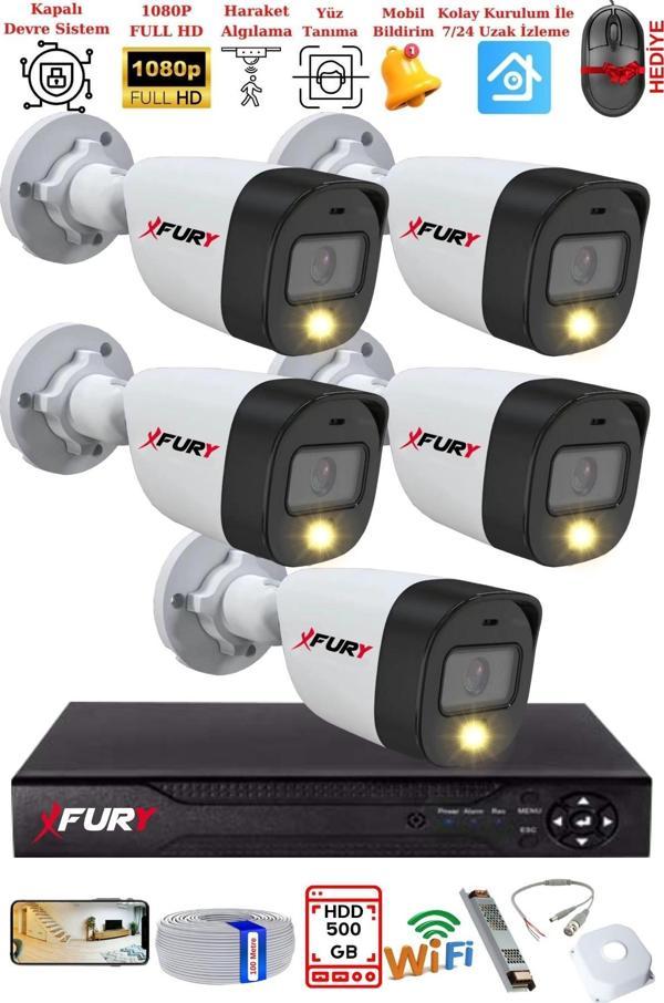 FURY 5 Kameralı 5Mp Lens 2 Mp Görüntü Gece Renkli Full Hd Ultra Led Akıllı Güvenlik Kamerası Seti 500GB - Image 1