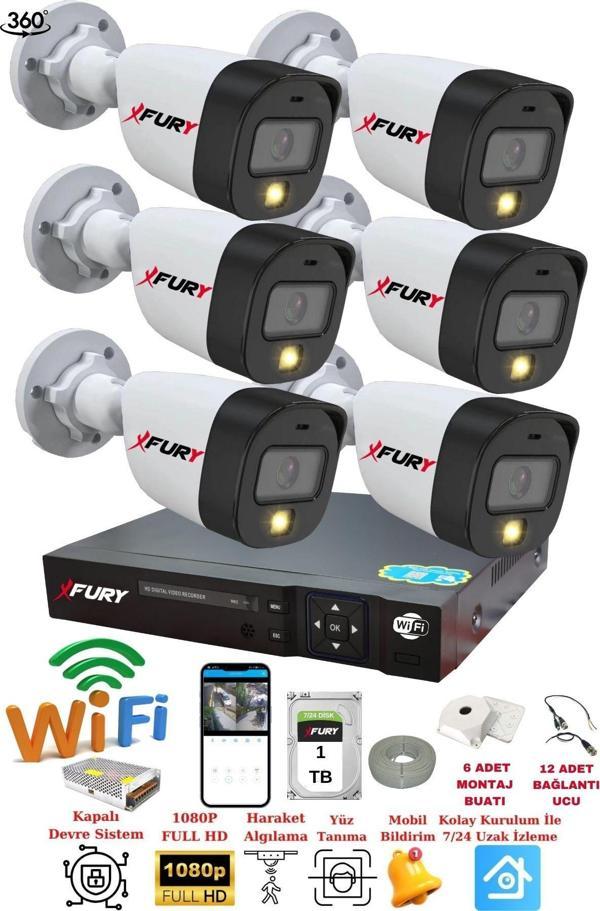 FURY 6 Kameralı Gece Renkli 1080P 2Mp Görüntü Full Hd Ultra Led Gece Renkli Güvenlik Kamerası Seti 1 TB - Image 1